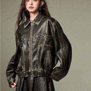 DIDDI MODA Arcana Archive Bowknot Retro Color-Painted Leather Jacket